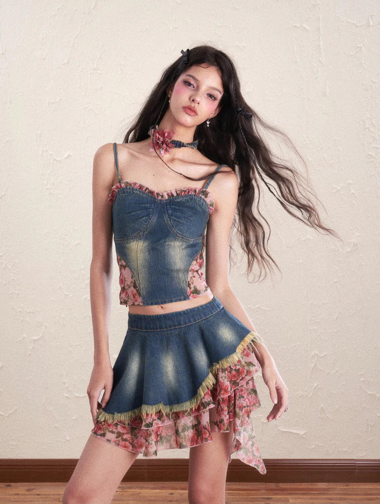 Denim Flower Mix Asymmetry Ciffon Feminine Tops & Mini-Skirt