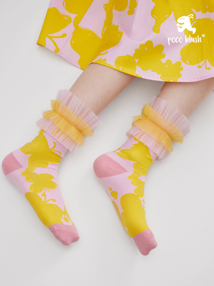 Pocoblush Original Design: Butterfly Diary Girls' Mid-Length Versatile Socks with Lace Mesh Princess Socks