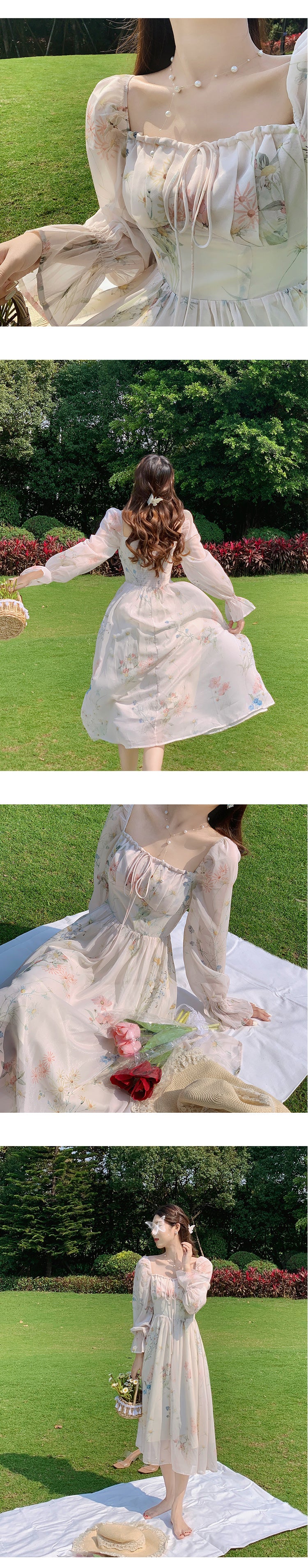 Tan Gongzi Vacation Style Chiffon Dress, Fairy Super Fairy Forest Series Gentle Tea Break French First Love Dress Long Dress