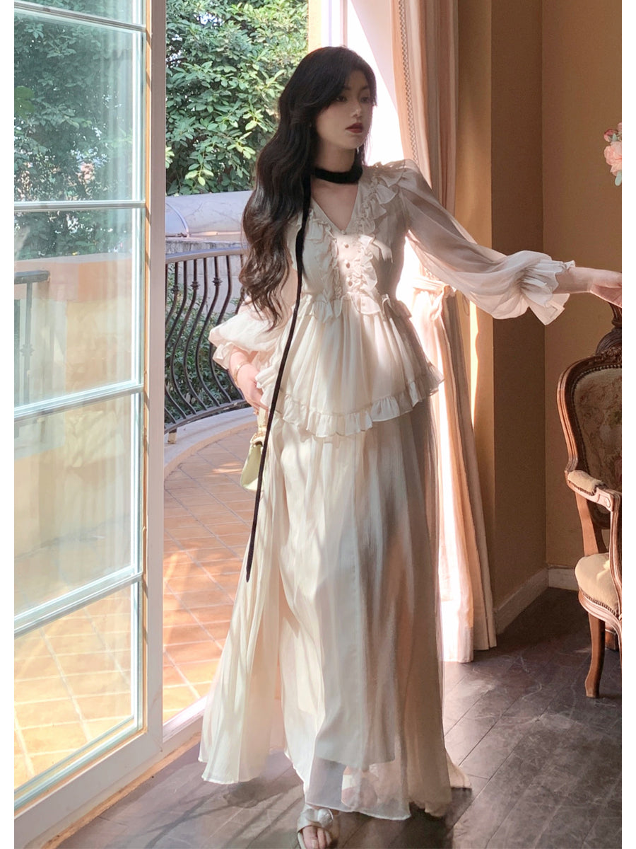 Tang Gongzi Palace-style French white dress, high-end sense, niche ruffle waist, drape, fairy long dress.