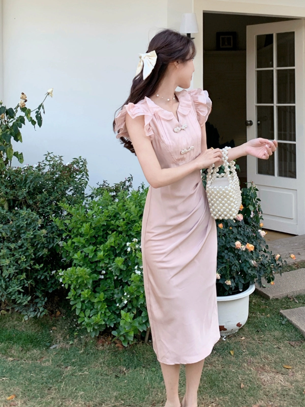 Tanggongzi New Chinese-style Improved Cheongsam Dress, Daily Wearable Slim and Sweet Pink Dress with Elegant Temperament