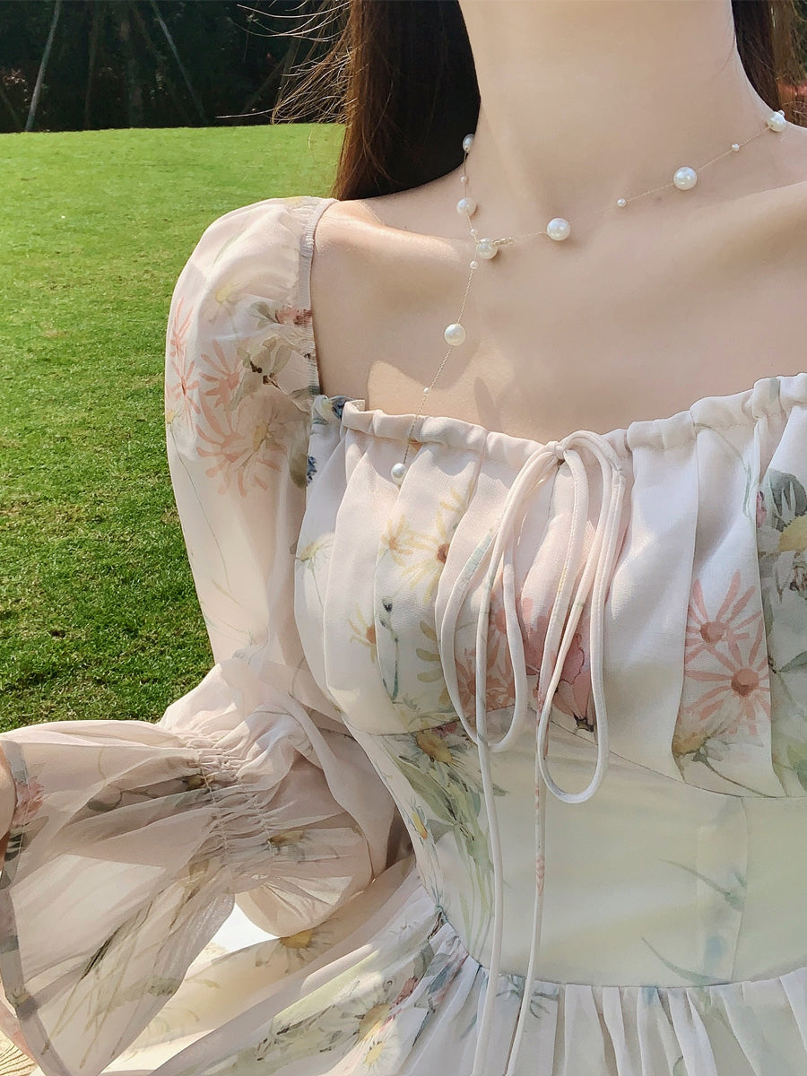 Tan Gongzi Vacation Style Chiffon Dress, Fairy Super Fairy Forest Series Gentle Tea Break French First Love Dress Long Dress