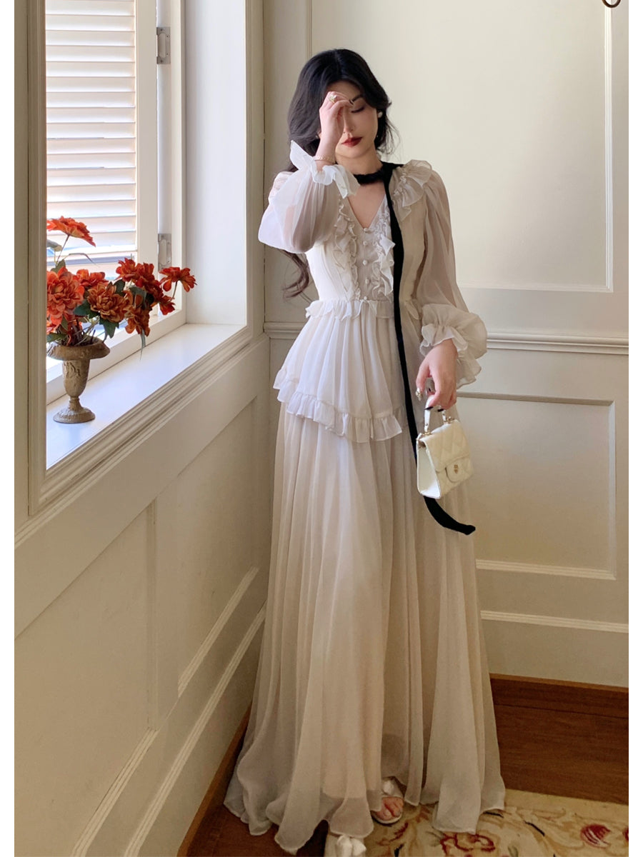 Tang Gongzi Palace-style French white dress, high-end sense, niche ruffle waist, drape, fairy long dress.