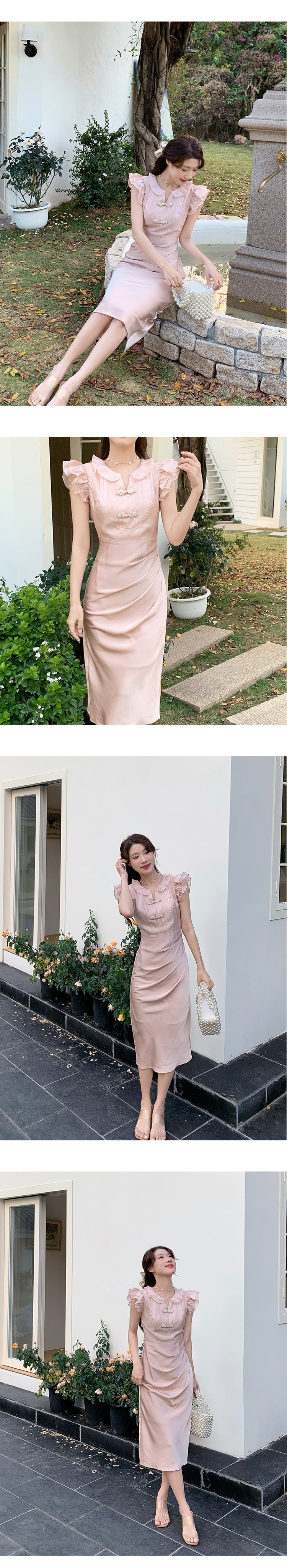 Tanggongzi New Chinese-style Improved Cheongsam Dress, Daily Wearable Slim and Sweet Pink Dress with Elegant Temperament