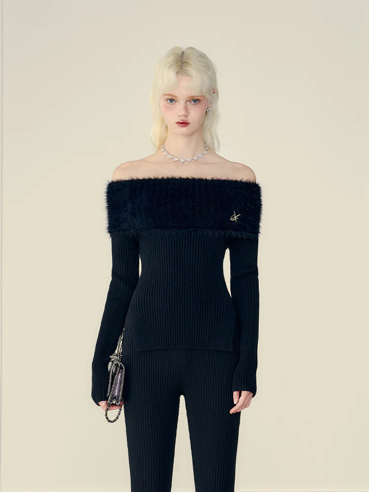 Off-Shoulder Side-Slit Fur Rib-Knit