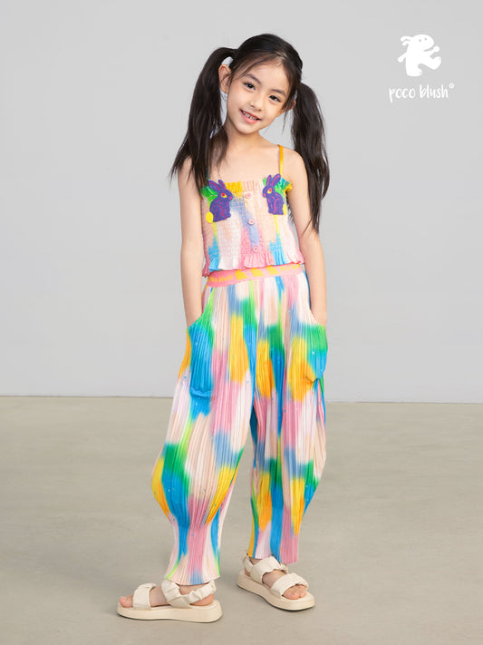 Pocoblush Original Design: Neon Phantom Rabbit Pleated Long Pants for Girls, Summer Elastic Loose Casual Pants