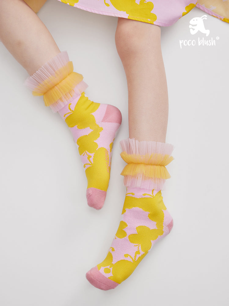 Pocoblush Original Design: Butterfly Diary Girls' Mid-Length Versatile Socks with Lace Mesh Princess Socks