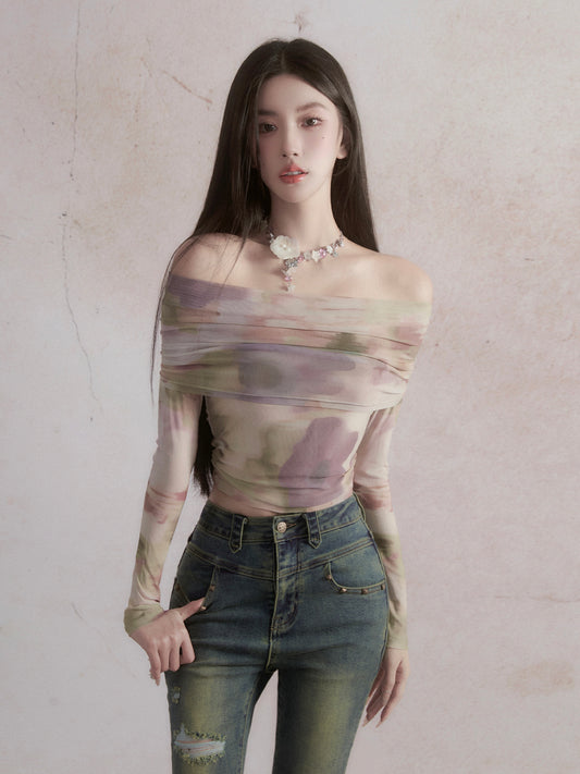 Exquisite Pictorial: Sweet and Spicy One-Shoulder Top with Tie-Dye Print Long Sleeves T-shirt