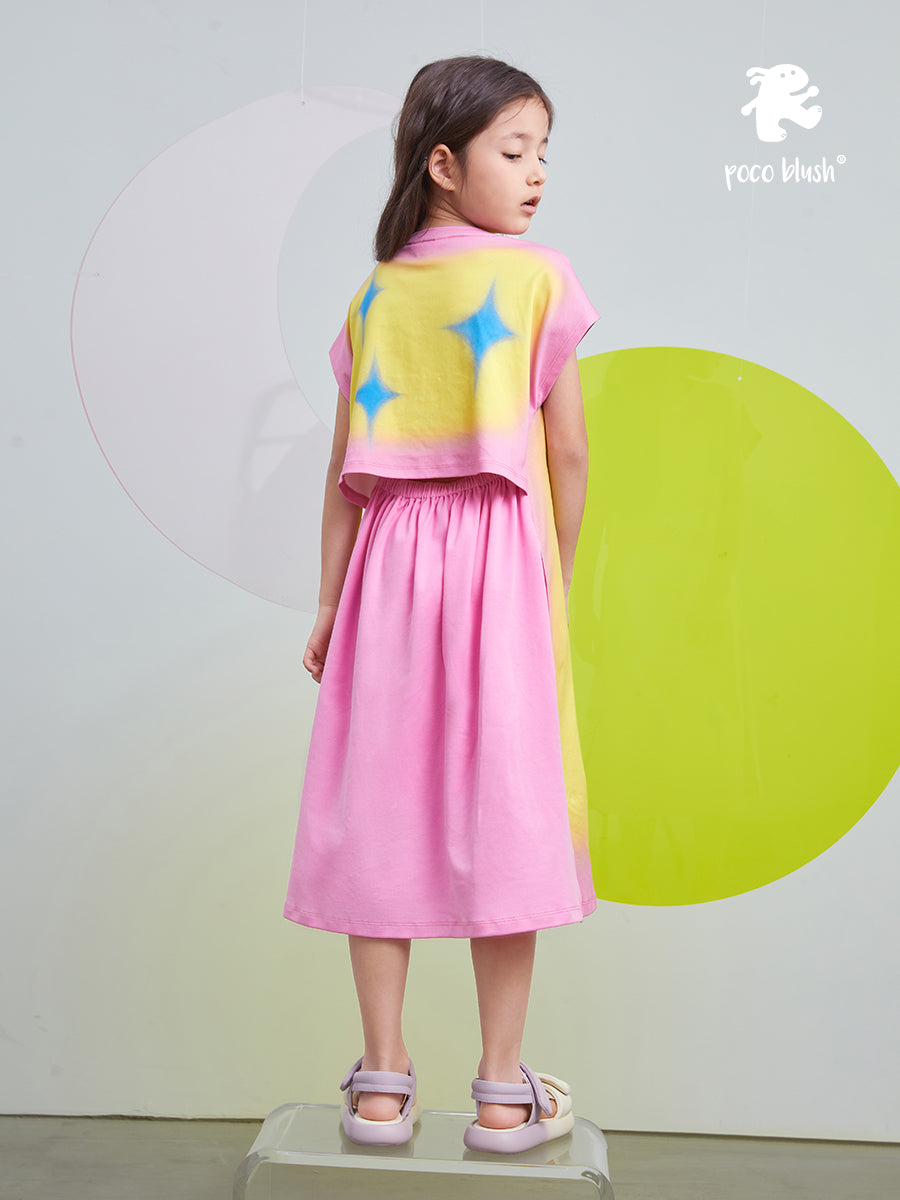 Pocoblush Original Design: Cat Under the Starry Sky Dress for Girls, New Summer Style T-shirt Long Dress for Little Girls