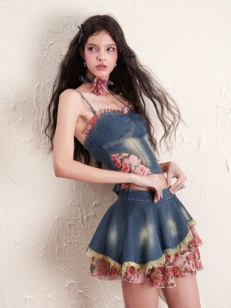 Denim Flower Mix Asymmetry Ciffon Feminine Tops & Mini-Skirt