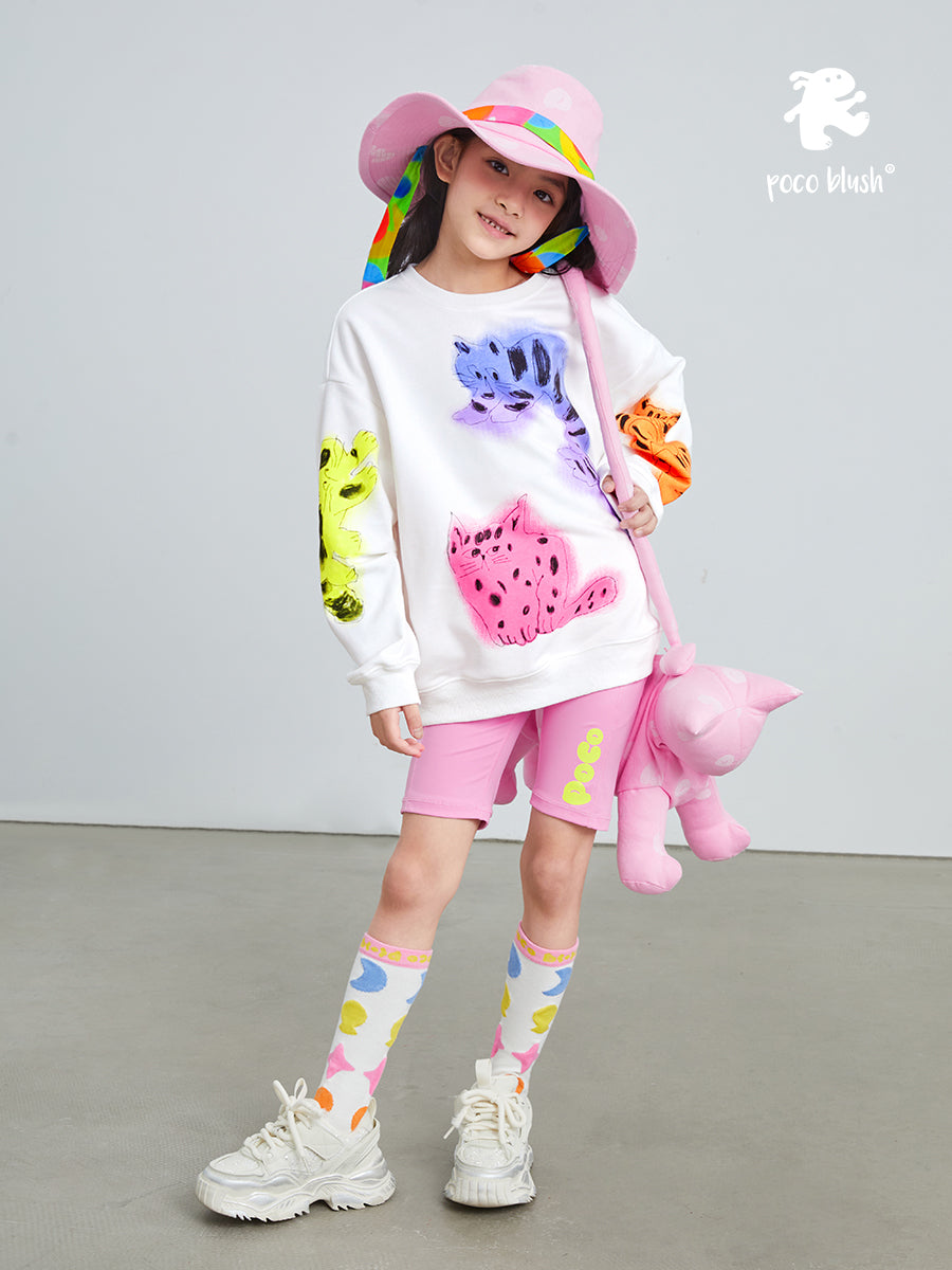 Pocoblush Original Design: Artistic Cat Print Sweatshirt, Spring/Autumn Girls' Long Sleeve Top