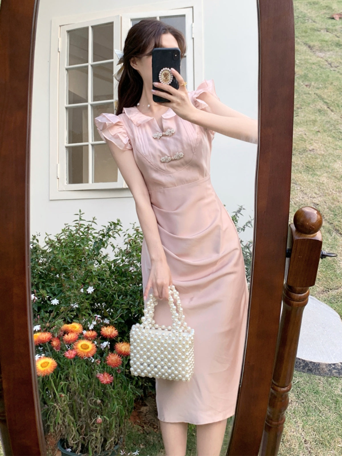 Tanggongzi New Chinese-style Improved Cheongsam Dress, Daily Wearable Slim and Sweet Pink Dress with Elegant Temperament