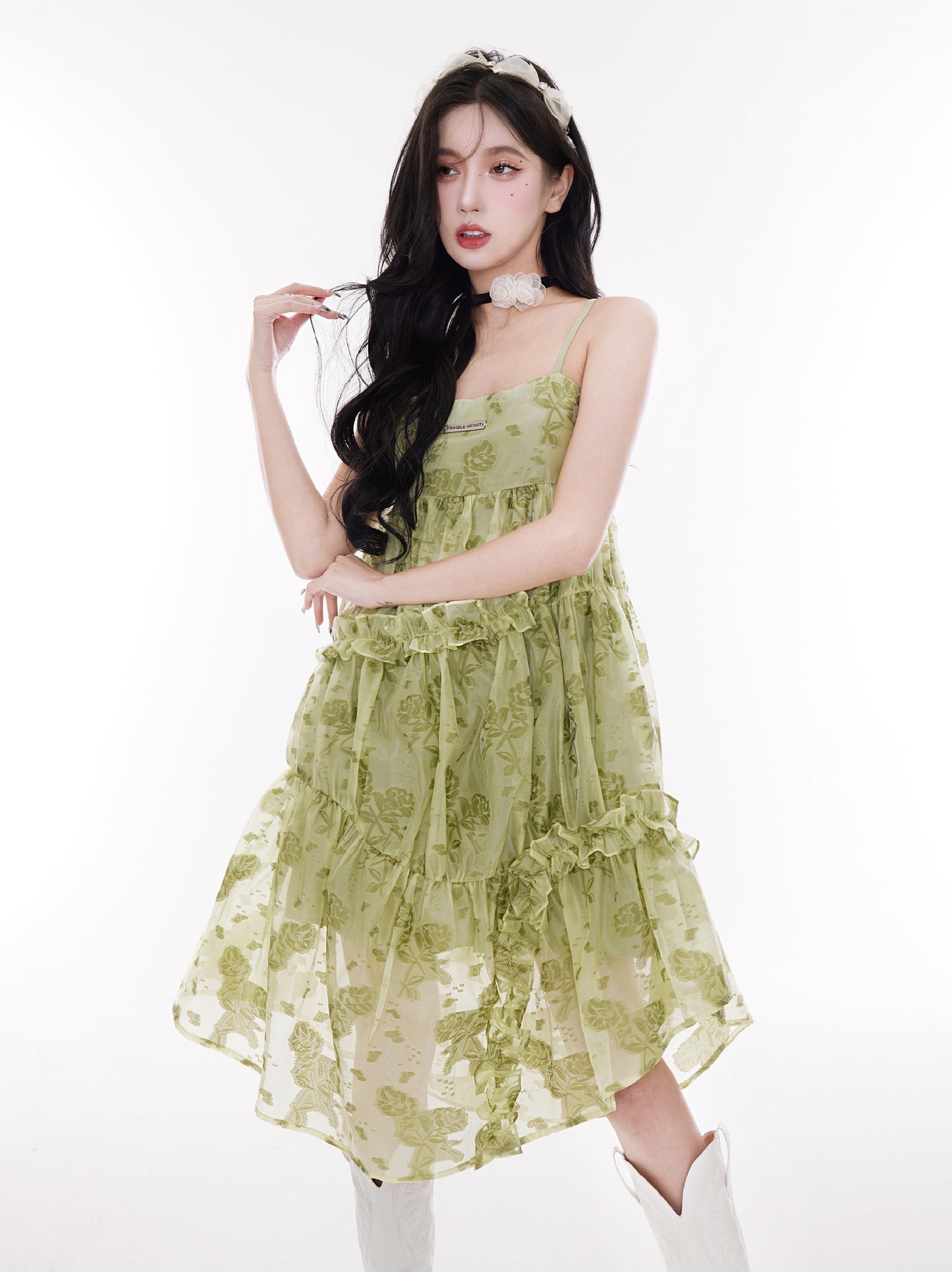 Milk Green Spinach Skirt" - Original vacation style girly spring floral print suspender skirt.