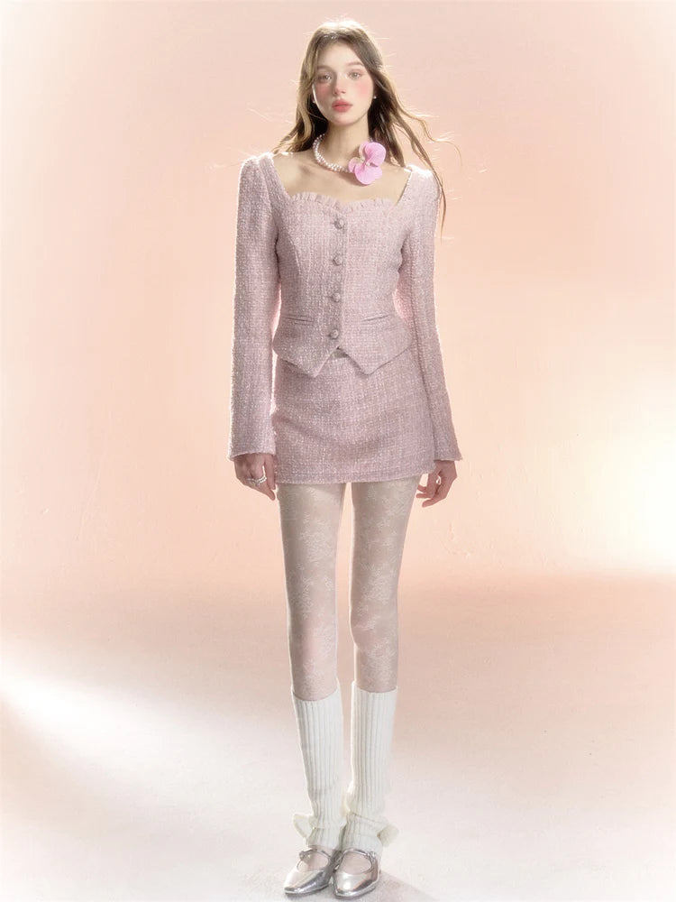 Tweed Feminine Set-Up Suit Slim Jacket & Mini-Skirt