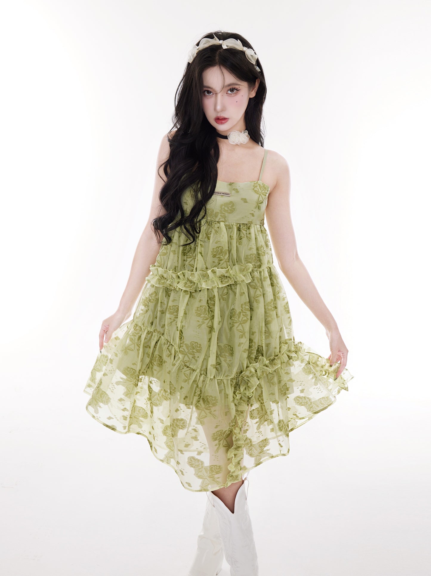 Milk Green Spinach Skirt" - Original vacation style girly spring floral print suspender skirt.