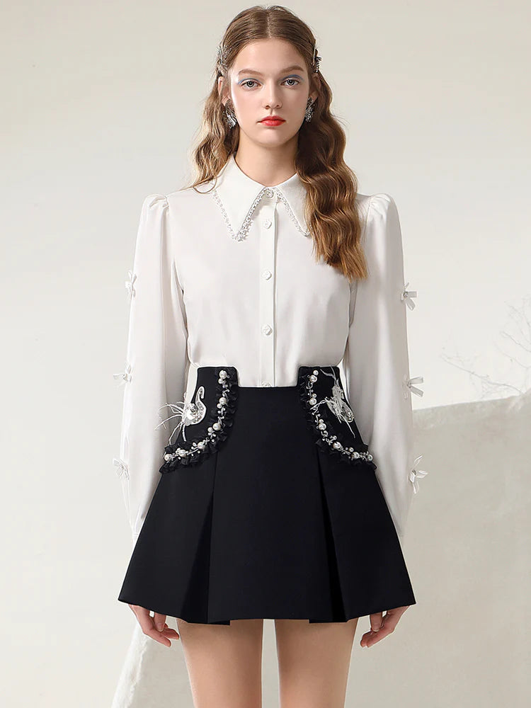 3D-Ribbon Chic Classy Power-Shoulder Monochrome Blouse & Mini-Skirt