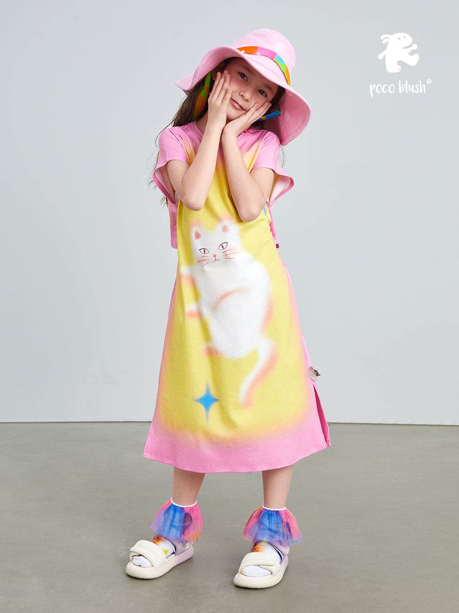 Pocoblush Original Design: Cat Under the Starry Sky Dress for Girls, New Summer Style T-shirt Long Dress for Little Girls