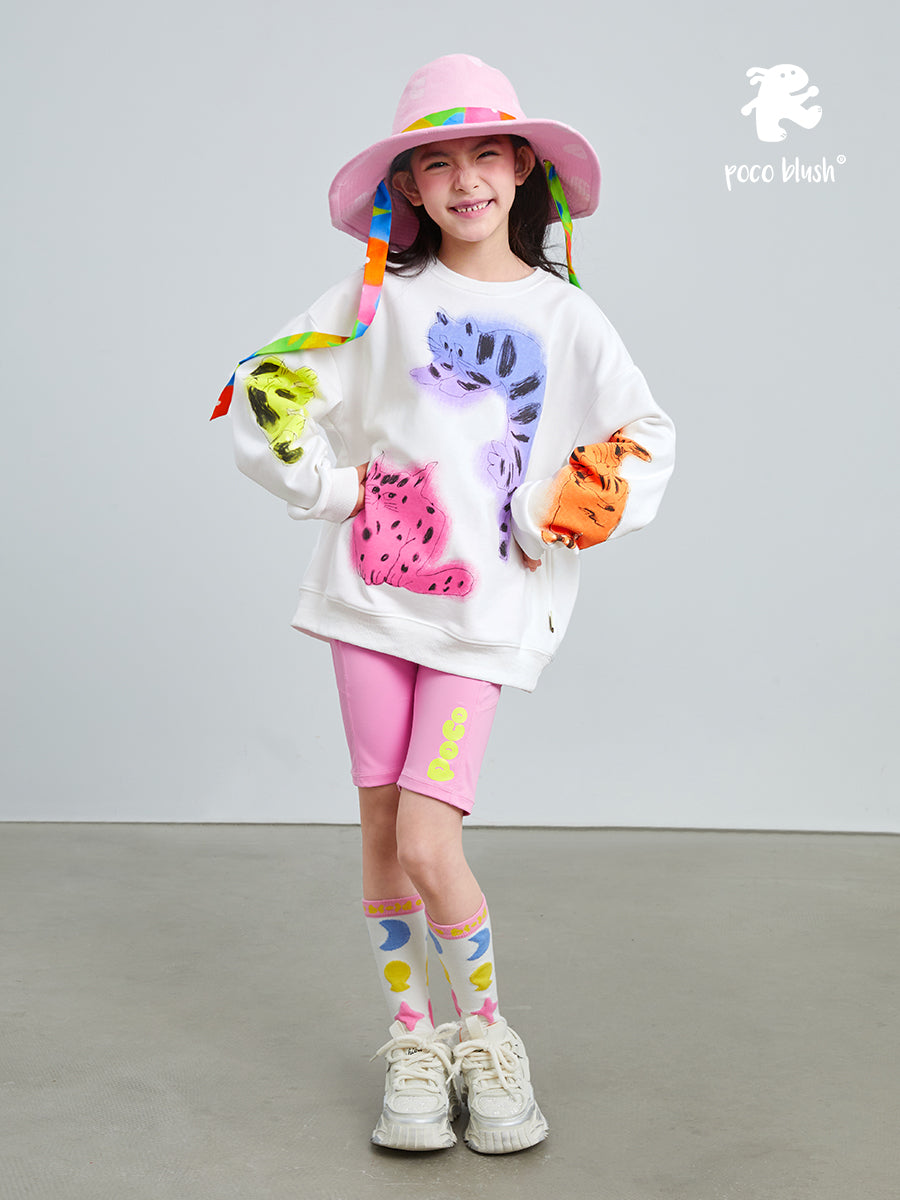 Pocoblush Original Design: Artistic Cat Print Sweatshirt, Spring/Autumn Girls' Long Sleeve Top