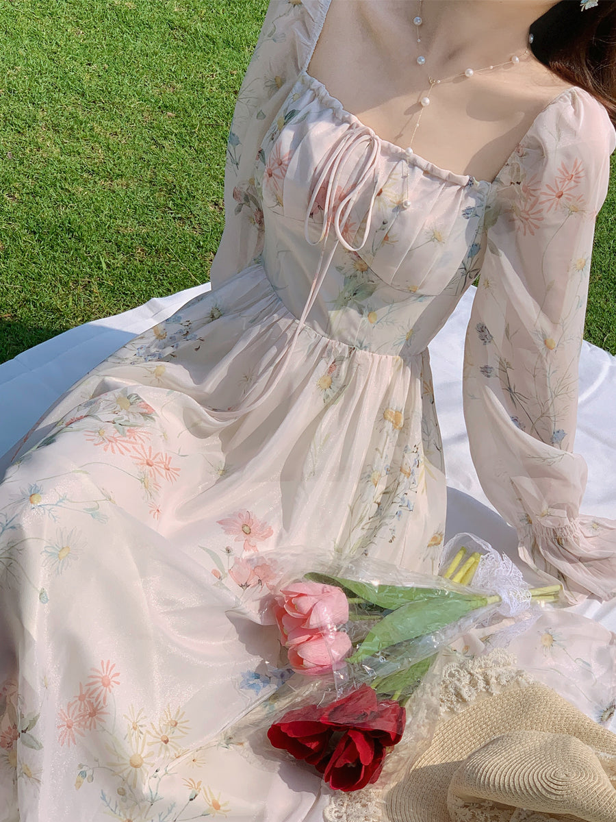 Tan Gongzi Vacation Style Chiffon Dress, Fairy Super Fairy Forest Series Gentle Tea Break French First Love Dress Long Dress