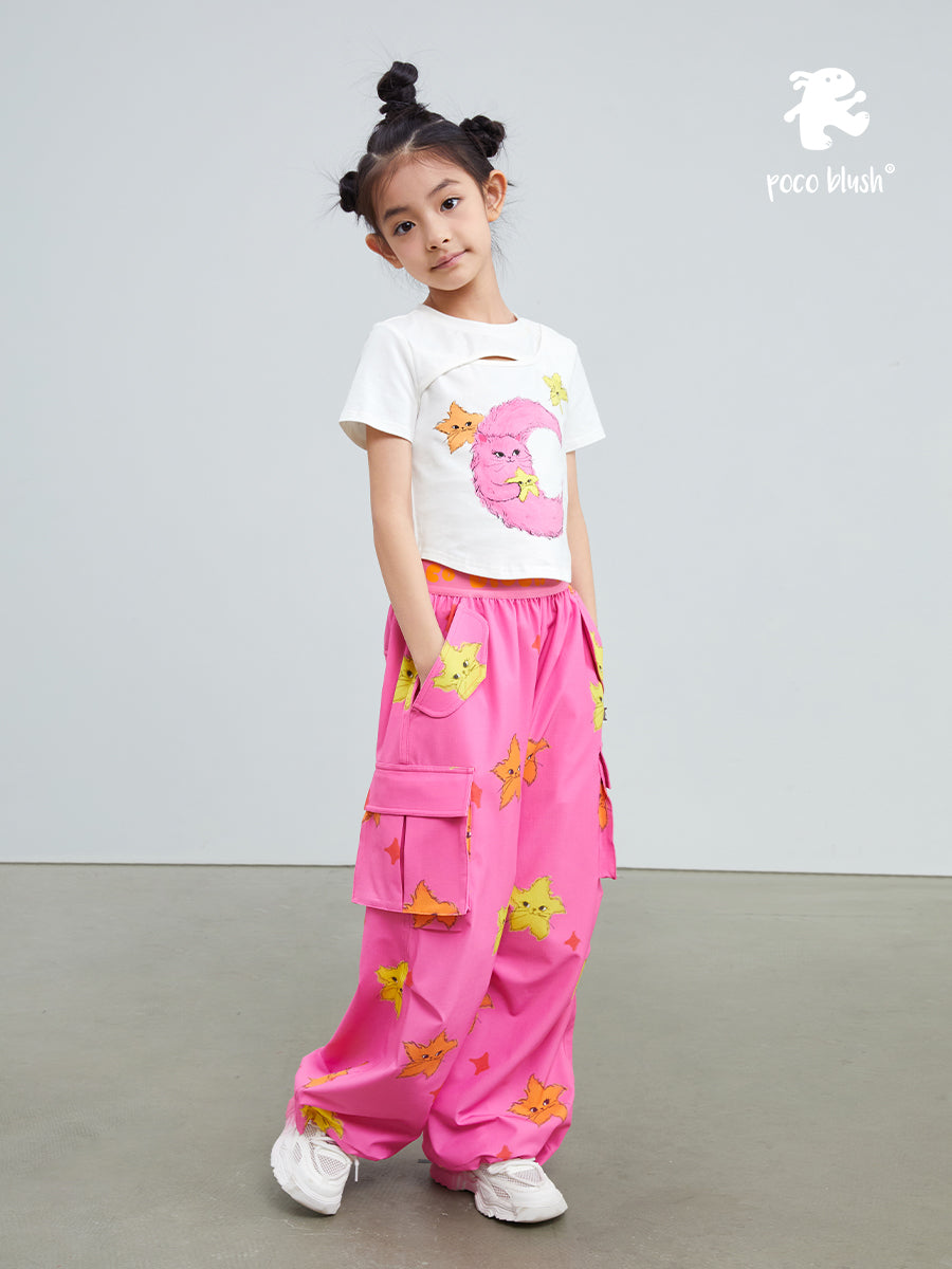 Pocoblush original design star cat pocket overalls pants children's trousers girls' spring and summer models