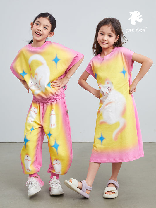 Pocoblush Original Design: Cat Under the Starry Sky Dress for Girls, New Summer Style T-shirt Long Dress for Little Girls