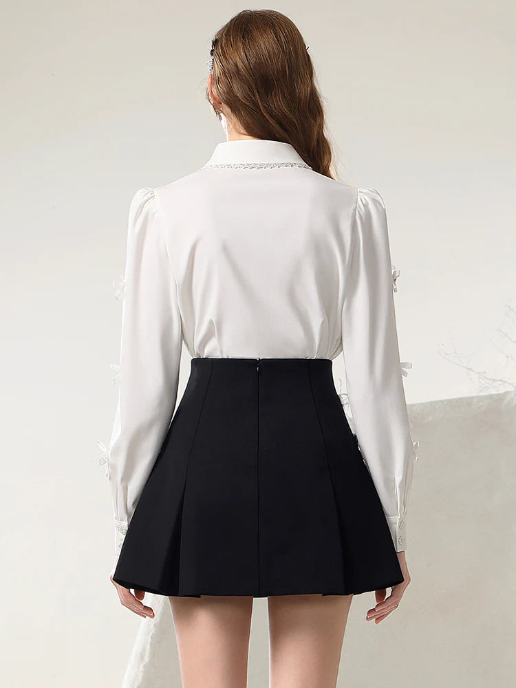 3D-Ribbon Chic Classy Power-Shoulder Monochrome Blouse & Mini-Skirt