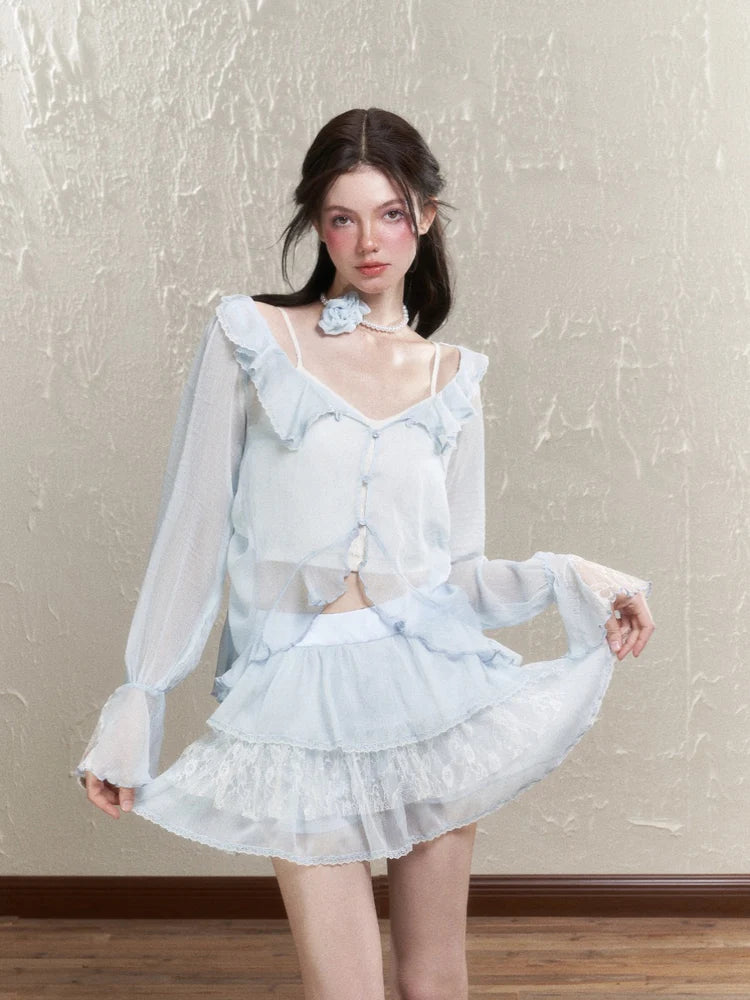 Sheer Frill Lace Feminine Blouse & Mini-Skirt