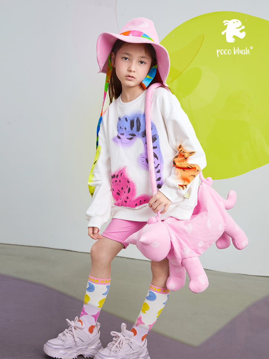 Pocoblush Original Design: Artistic Cat Print Sweatshirt, Spring/Autumn Girls' Long Sleeve Top