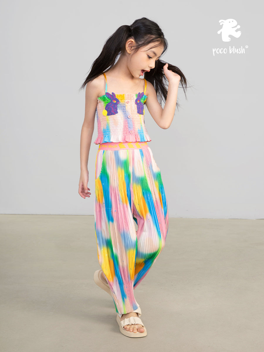 Pocoblush Original Design: Neon Phantom Rabbit Pleated Long Pants for Girls, Summer Elastic Loose Casual Pants