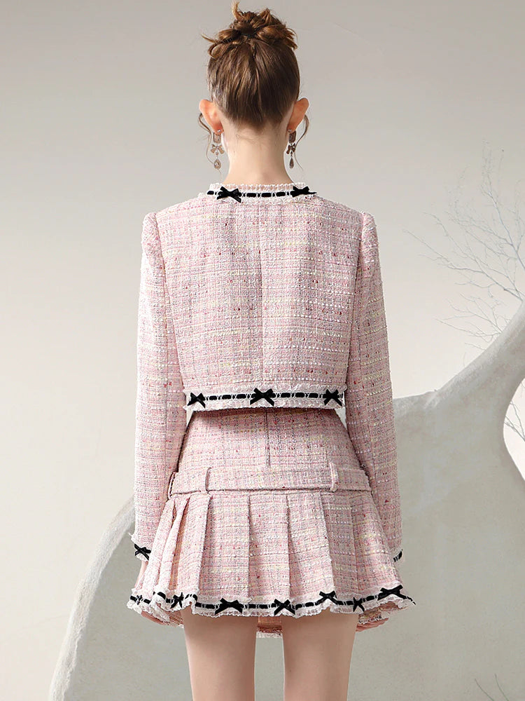 Tweed Suit Ribbon Feminine Jacket ＆ Mini-Skirt