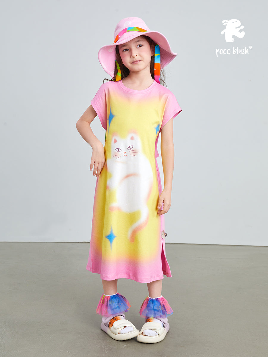 Pocoblush Original Design: Cat Under the Starry Sky Dress for Girls, New Summer Style T-shirt Long Dress for Little Girls