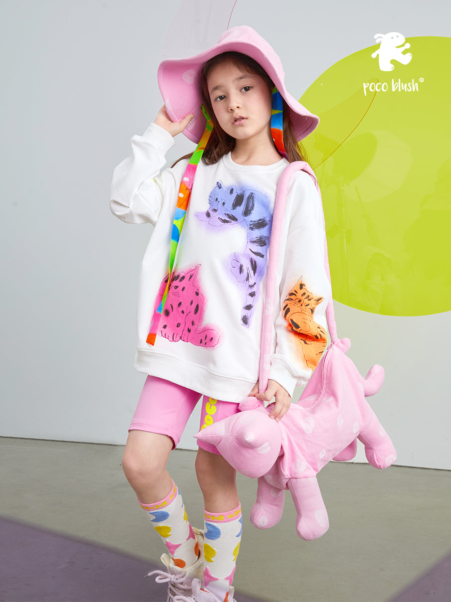 Pocoblush Original Design: Artistic Cat Print Sweatshirt, Spring/Autumn Girls' Long Sleeve Top