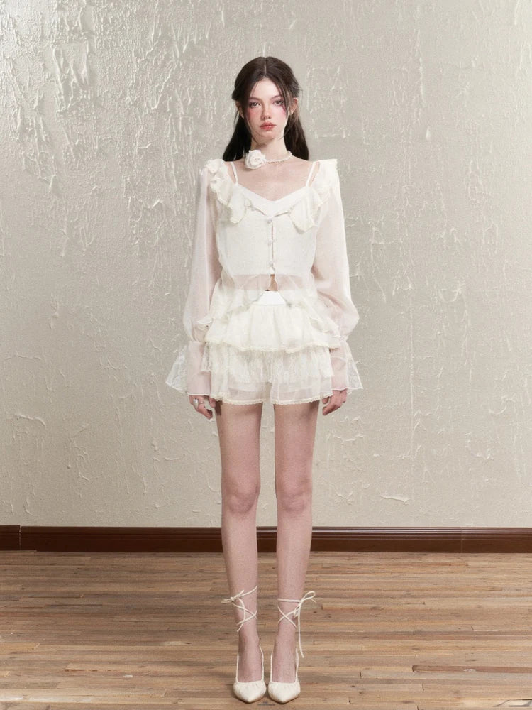 Sheer Frill Lace Feminine Blouse & Mini-Skirt