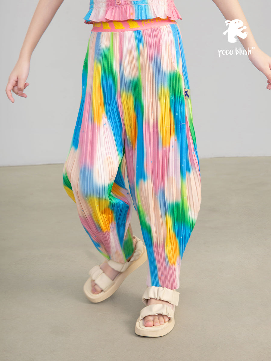 Pocoblush Original Design: Neon Phantom Rabbit Pleated Long Pants for Girls, Summer Elastic Loose Casual Pants