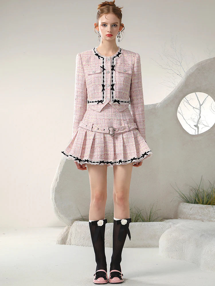 Tweed Suit Ribbon Feminine Jacket ＆ Mini-Skirt