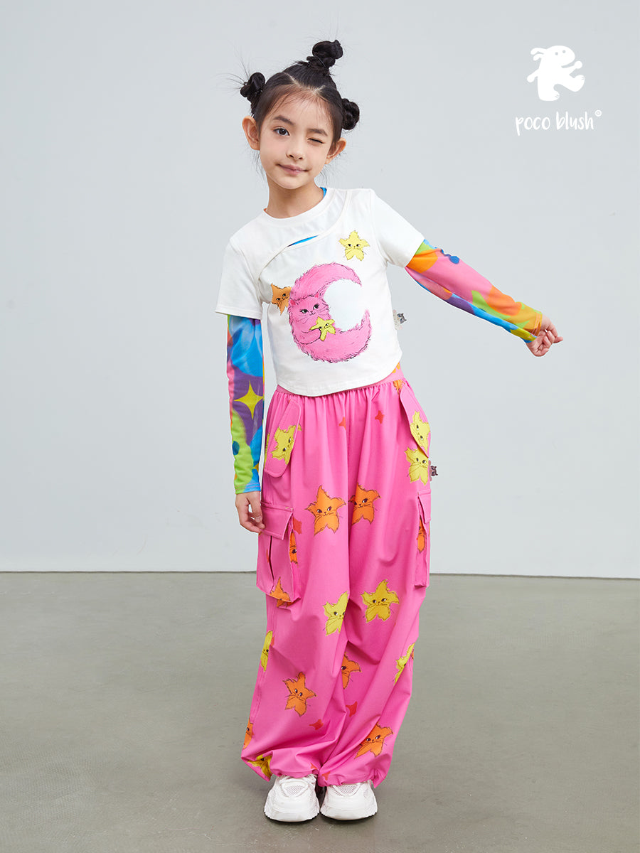 Pocoblush original design star cat pocket overalls pants children's trousers girls' spring and summer models