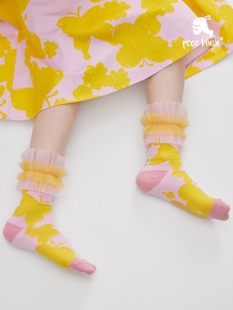 Pocoblush Original Design: Butterfly Diary Girls' Mid-Length Versatile Socks with Lace Mesh Princess Socks