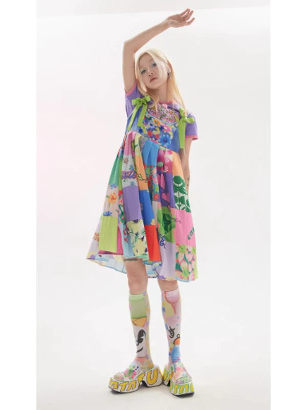 Stitching Print Color Strap Strap Dress