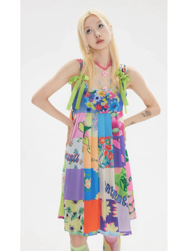 Stitching Print Color Strap Strap Dress