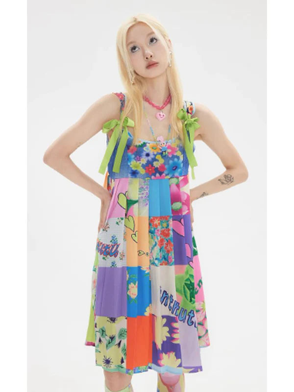 Stitching Print Color Strap Strap Dress