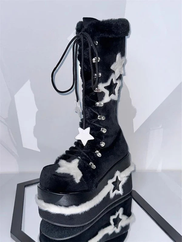 Y2K Subculture Star Plush Mid Calf Boots