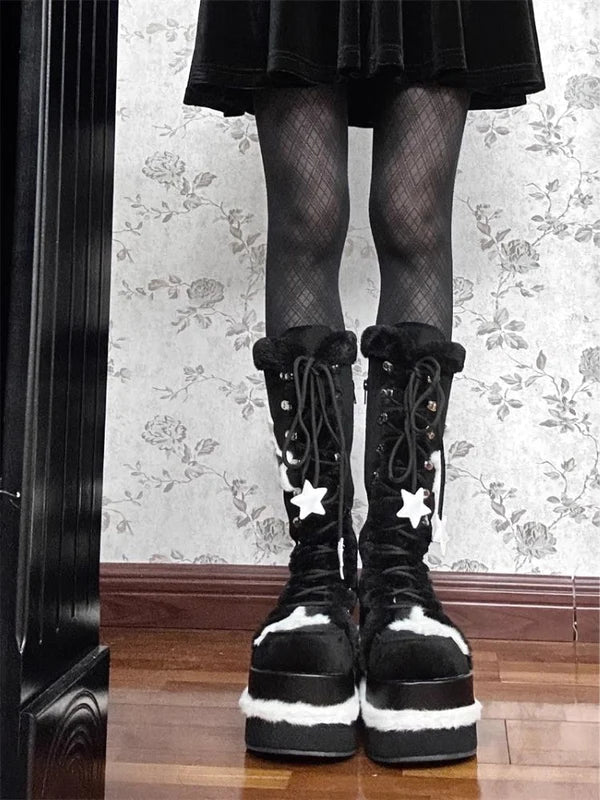 Y2K Subculture Star Plush Mid Calf Boots