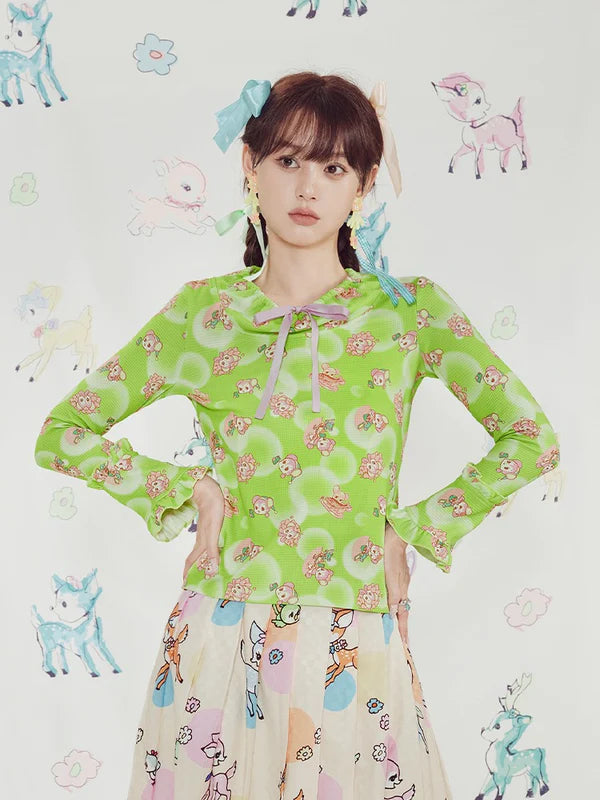 Shimizu Illustration Cute Bear Geometric Pattern Bell Sleeve Knit Tops