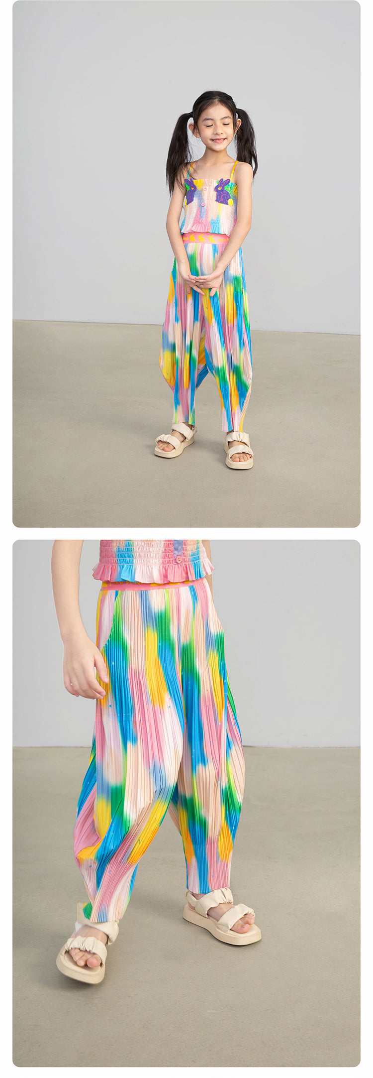 Pocoblush Original Design: Neon Phantom Rabbit Pleated Long Pants for Girls, Summer Elastic Loose Casual Pants