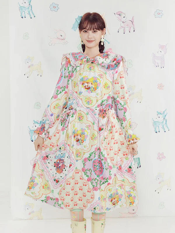 Shimizu Illustration Bear & Girl Print Princess A-line Dress