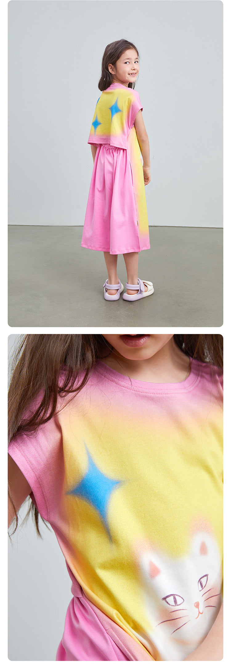 Pocoblush Original Design: Cat Under the Starry Sky Dress for Girls, New Summer Style T-shirt Long Dress for Little Girls