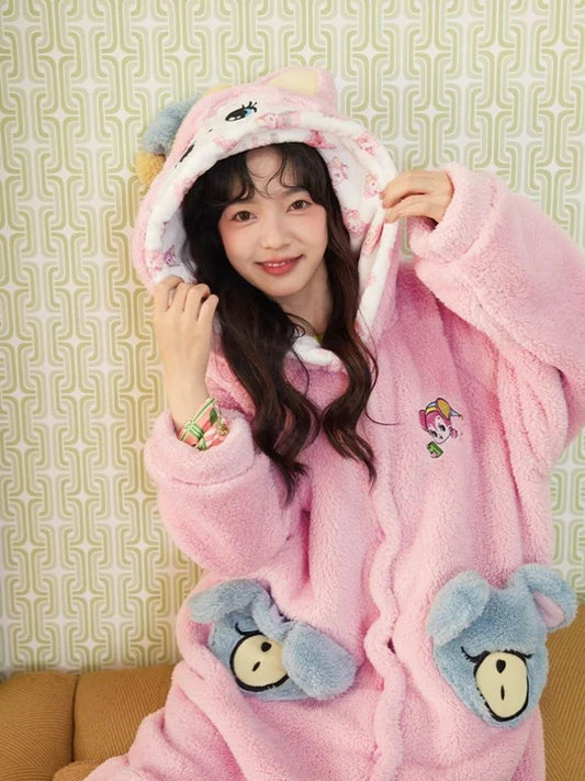 Pink Bear Coral Velvet Padded Thickened Long Pajamas