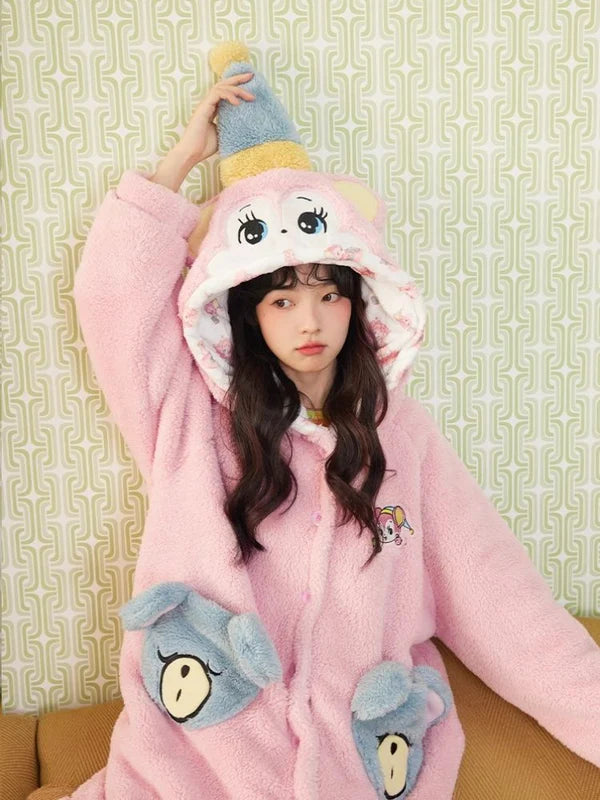 Pink Bear Coral Velvet Padded Thickened Long Pajamas