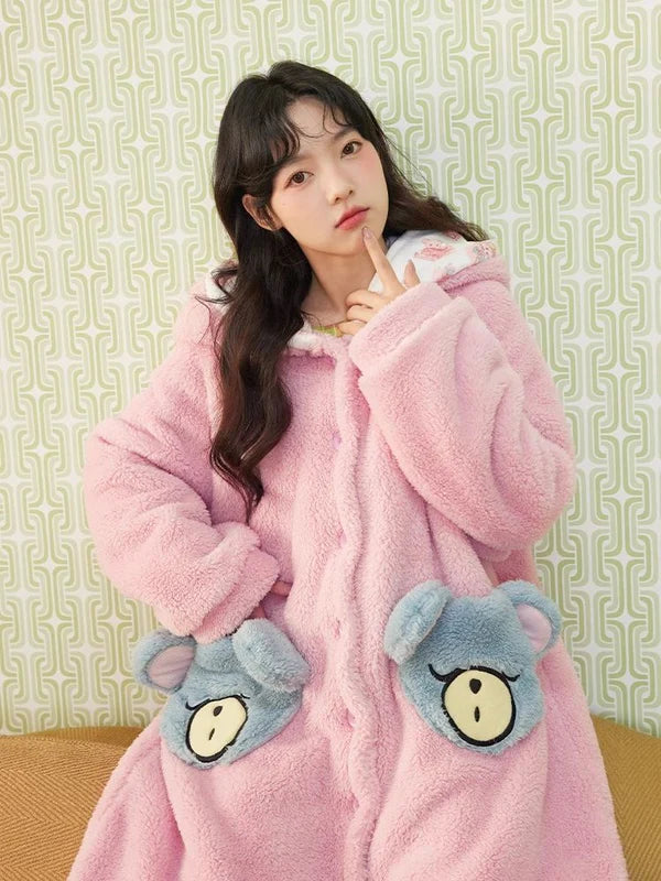 Pink Bear Coral Velvet Padded Thickened Long Pajamas