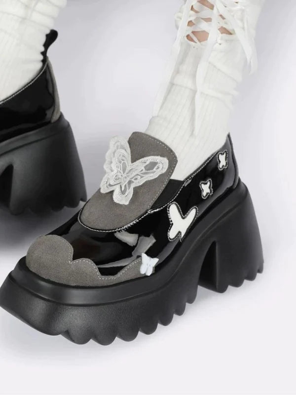 White Butterfly Pattern Platform Loafers